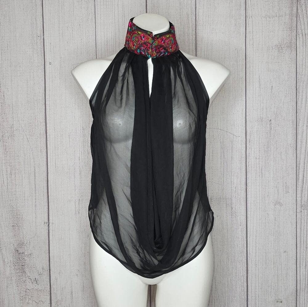 Rachel Mandarin Sheer Boho Festival Halter Top Halloween Costume, sz Small